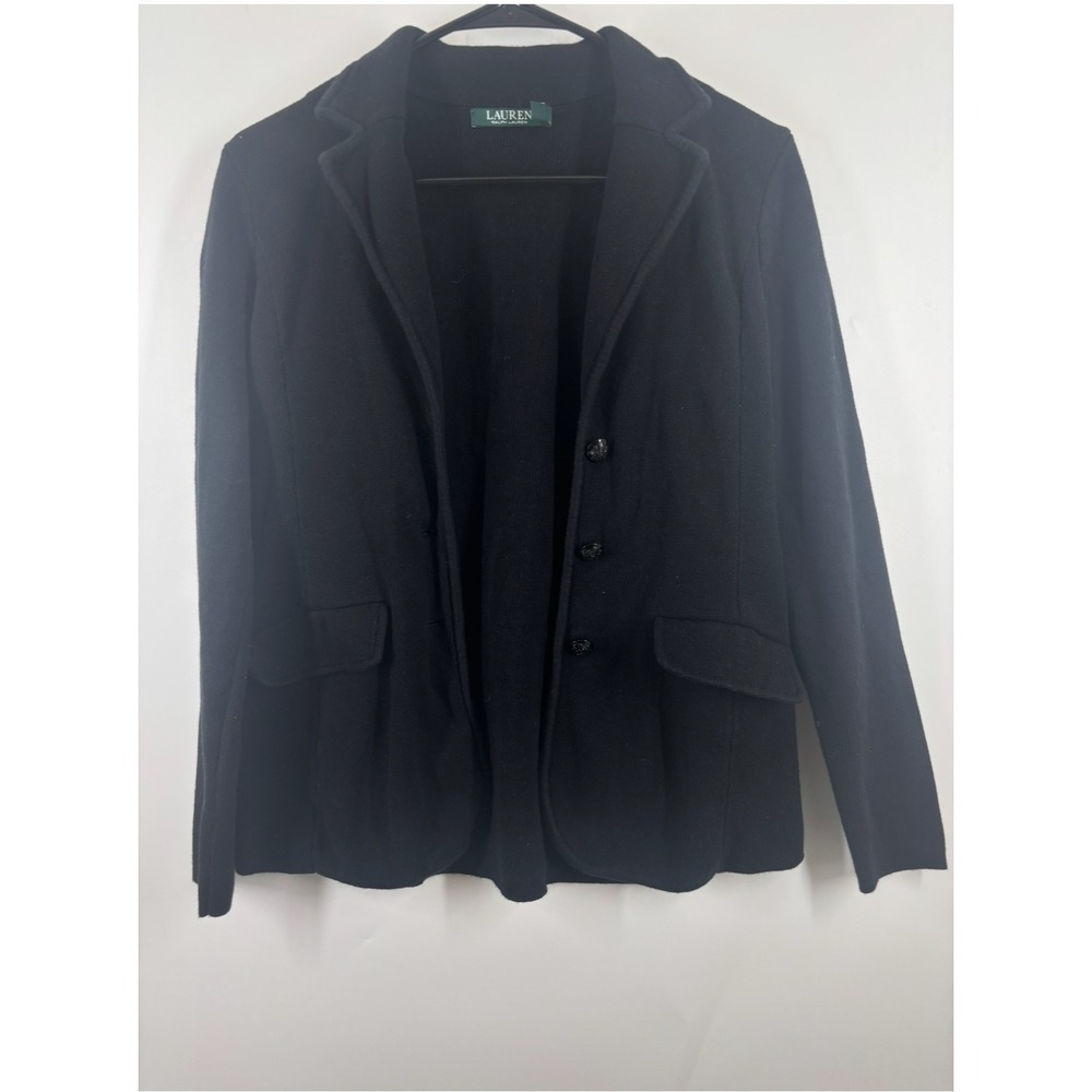Lauren Ralph Lauren Womens Black Cotton Knit Crest Button Blazer Jacket‎ LRL S